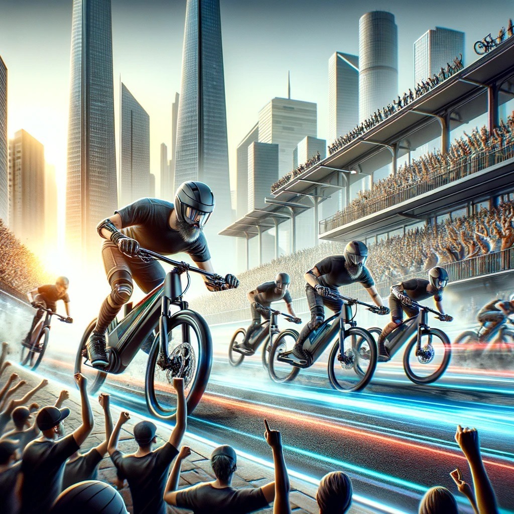 Cyclists in a high-speed e-bike race in an urban setting, with a city skyline in the background and a lively crowd cheering from the stands.