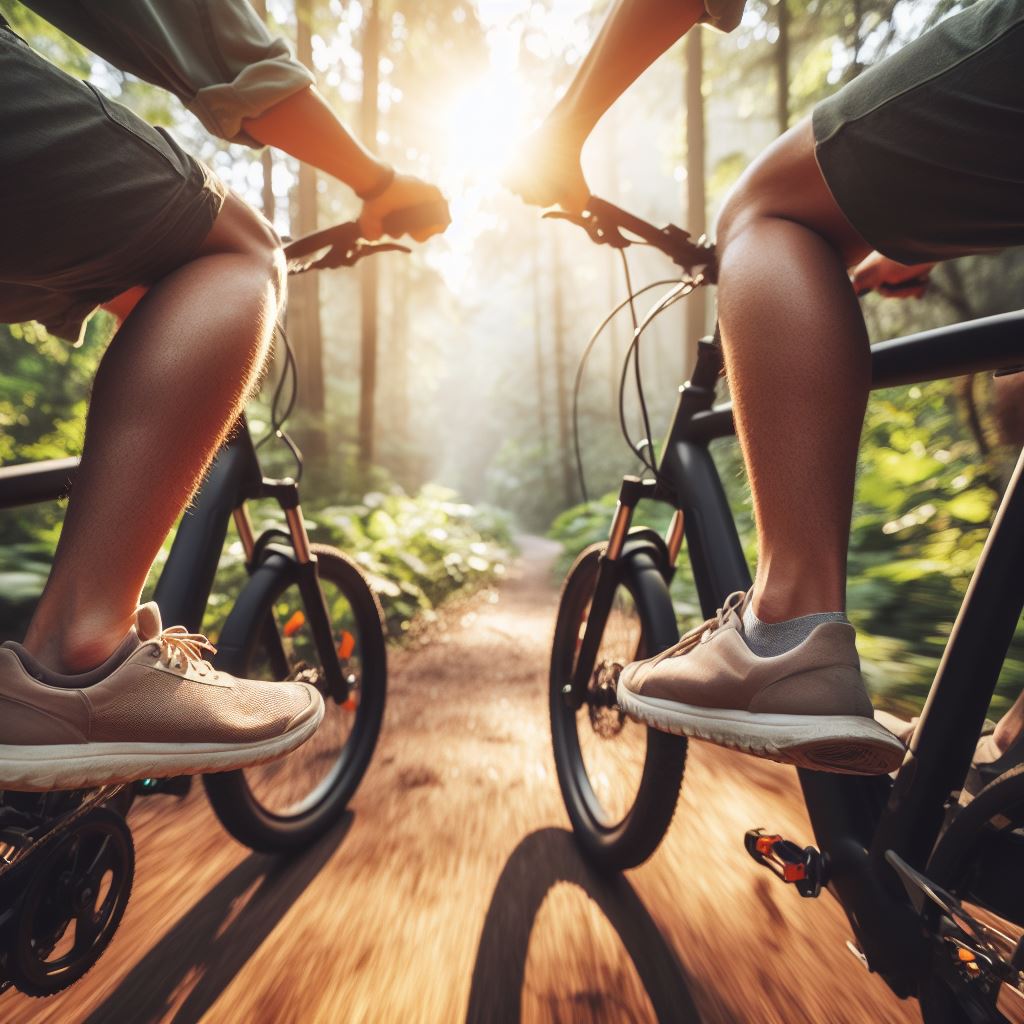 Close-up of two cyclists riding mountain bikes on a forest trail at sunset, with sunlight streaming through the trees.