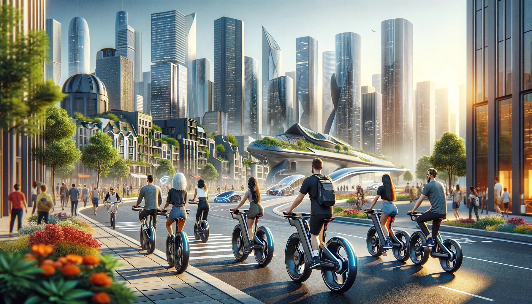 A bustling city street in a future urban landscape, with riders of diverse genders and descents using modern, sophisticated e-bikes. The architecture blends contemporary and futuristic styles, featuring eco-friendly elements like green spaces and solar panels.