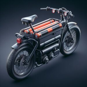 3D illustration of a conceptual electric motorcycle with a unique design featuring external red battery cells and a black frame.