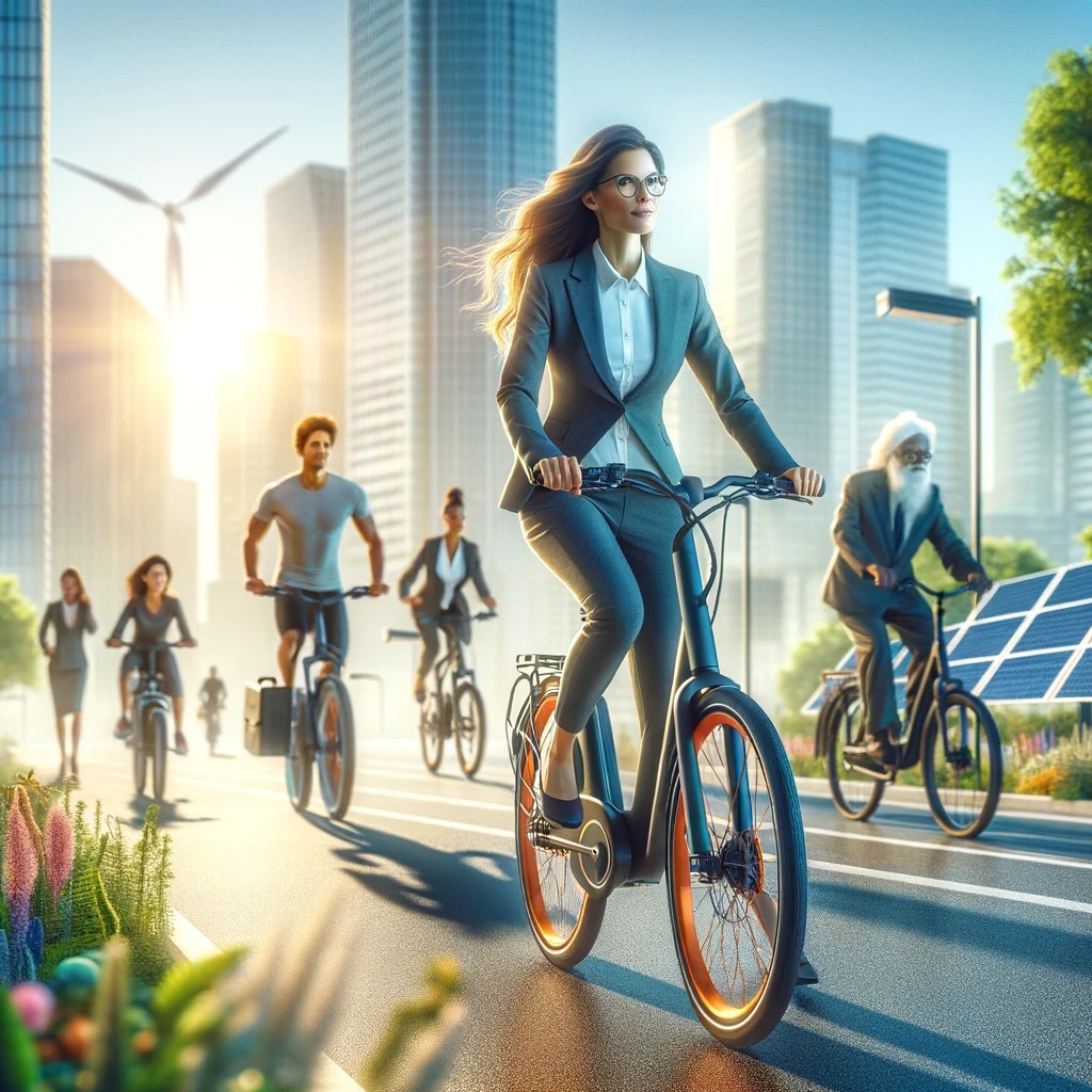 A digitally enhanced image of multiple people riding bicycles on a sunlit urban path with modern skyscrapers, solar panels, and wind turbines in the background, suggesting an eco-friendly city environment. The focus is on a woman in business attire riding a bike in the foreground, with others following behind.