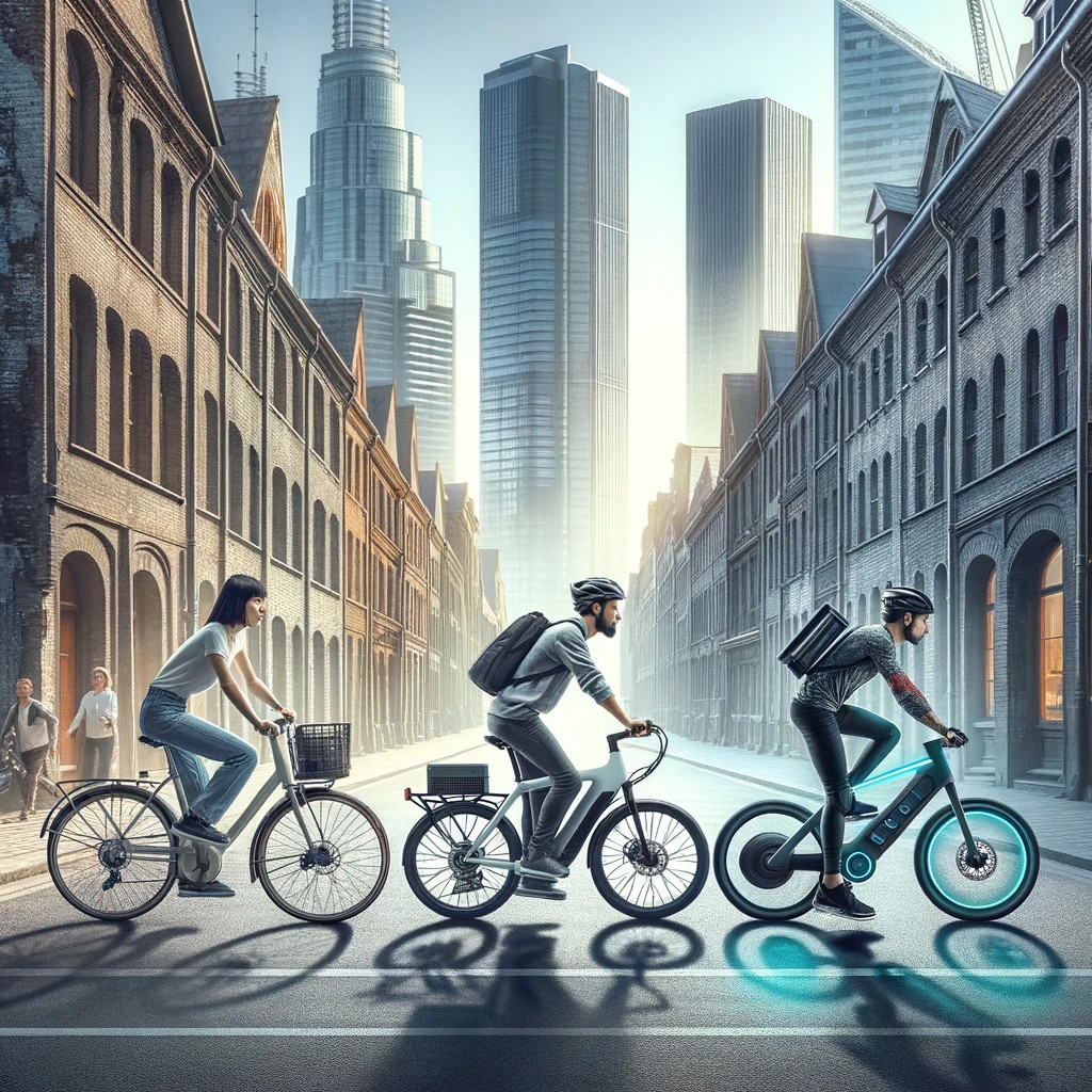 Cyclists riding in a modern cityscape with a contrast of historical brick buildings on the left and sleek skyscrapers in the background, signifying a blend of old and new architecture. The cyclists, two men and a woman, are in casual clothing with the woman leading on a traditional bicycle, followed by a man on a regular bike, and another on an electric bike, highlighting diverse modes of eco-friendly transportation. The scene is bathed in soft sunlight, casting gentle shadows on the road, emphasizing a serene urban morning.