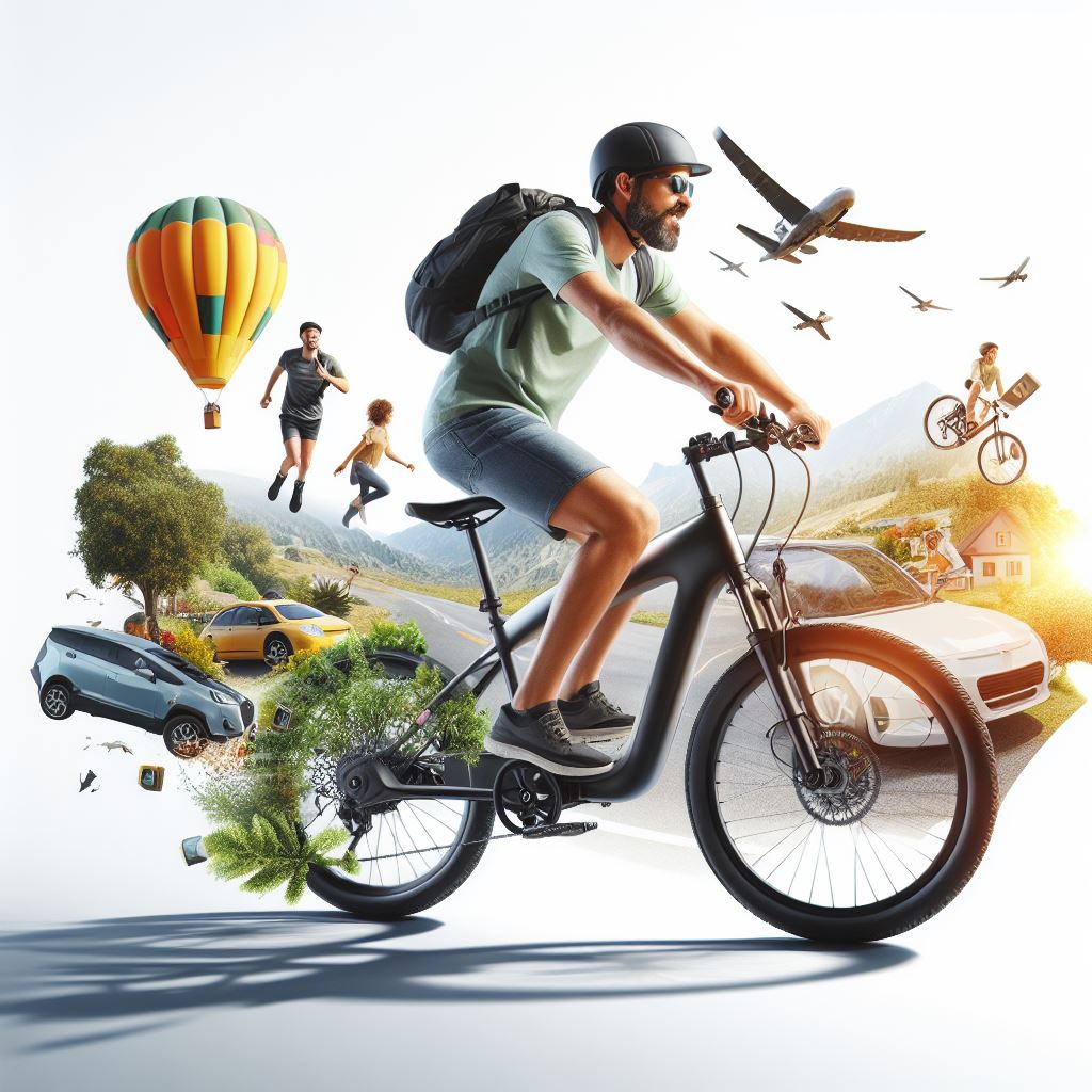 A surreal composite image depicting a cyclist in the foreground with a variety of objects and people floating around him, including a hot air balloon, birds, floating pedestrians, a car, and a BMX rider