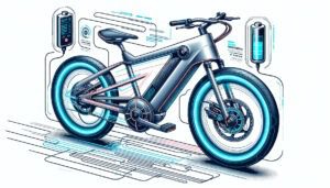 llustration of a futuristic electric motorcycle with highlighted features such as an integrated battery, digital display, and electric motor.