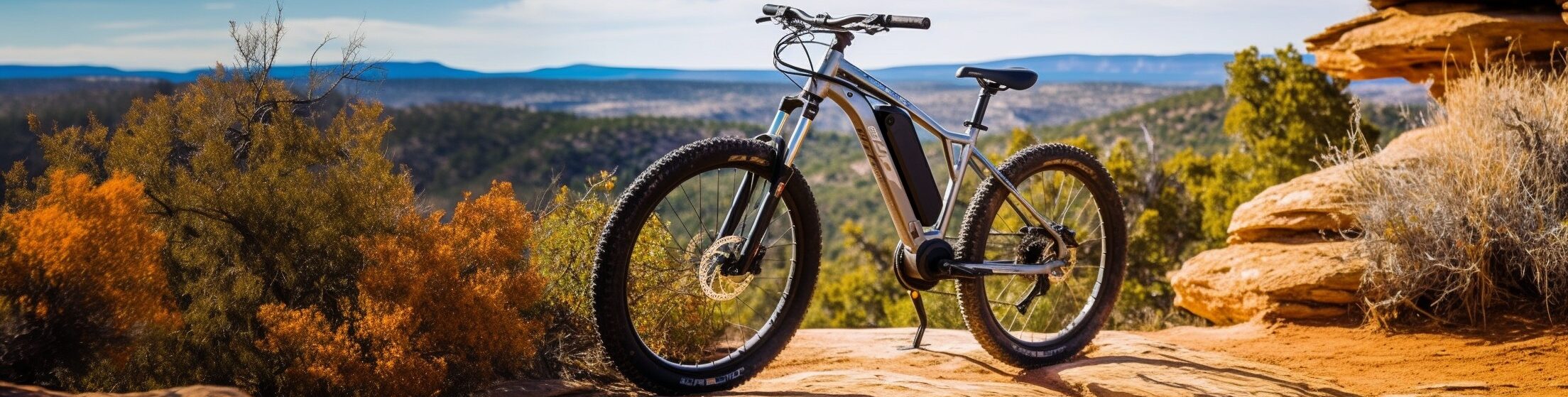 An electric mountain bike stands on a rocky overlook with a panoramic view of a vast canyon landscape under a clear blue sky.