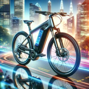 A sleek, modern e-bike equipped with a digital display and high-tech features, positioned on a vibrant city street with a reflective surface, and skyscrapers in the backdrop.