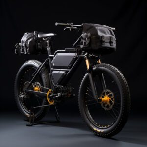 All-terrain electric bike with reflective accents and equipped with storage bags