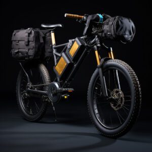 High-performance electric bike with extended range battery and oversized storage bags.