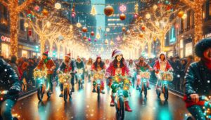 A group of cheerful people in winter holiday attire riding decorated bicycles down a bustling city street filled with Christmas lights.