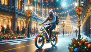 A bearded individual wearing a Santa hat and a joyful expression bicycles on a decorated bike along a festive city street.