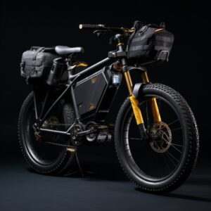 Sleek electric bike with golden suspension forks and matching decals, equipped with multiple storage options.