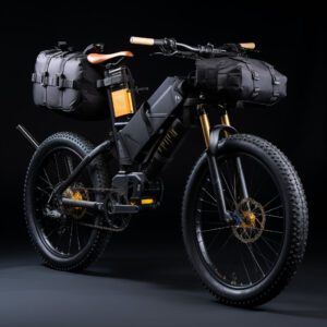 Stealthy black electric bike with orange accents and fully equipped with panniers for storage.