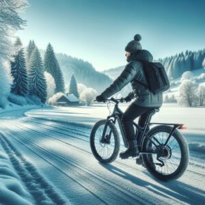 A cyclist rides an e-bike along a snowy trail, surrounded by a winter forest landscape.