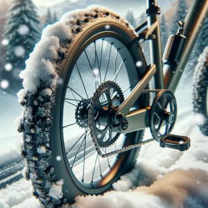 Close-up of a snow-covered e-bike tire with studs for winter traction, showcasing winterized biking equipment.