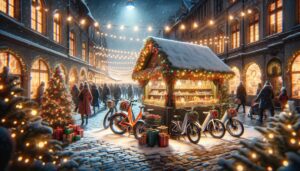 A snowy evening view of a Christmas market stall surrounded by decorated bicycles and festive holiday shoppers.