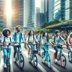 Diverse group of people commuting on e-bikes in a city