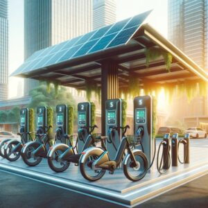 E-bike charging station with solar panels in an urban area