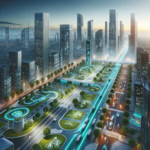 Futuristic cityscape with integrated e-bike lanes