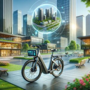 Modern e-bike with digital display in an eco-friendly urban setting