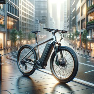 A sleek, modern e-bike stands ready for a ride on a city bike lane, with pedestrians and architecture around