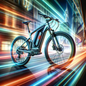 A futuristic e-bike blurs past city lights, showcasing speed and advanced design.