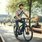 A person test riding an e-bike in a sunny city park, wearing casual clothes and a helmet.