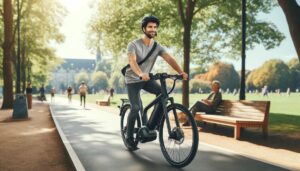 A person test riding an e-bike in a sunny city park, wearing casual clothes and a helmet.