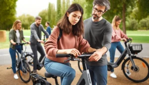 A woman adjusting her e-bike settings at a community workshop in a park.