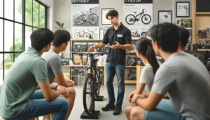 An e-bike technician explaining motor technology to a group in a bike shop.